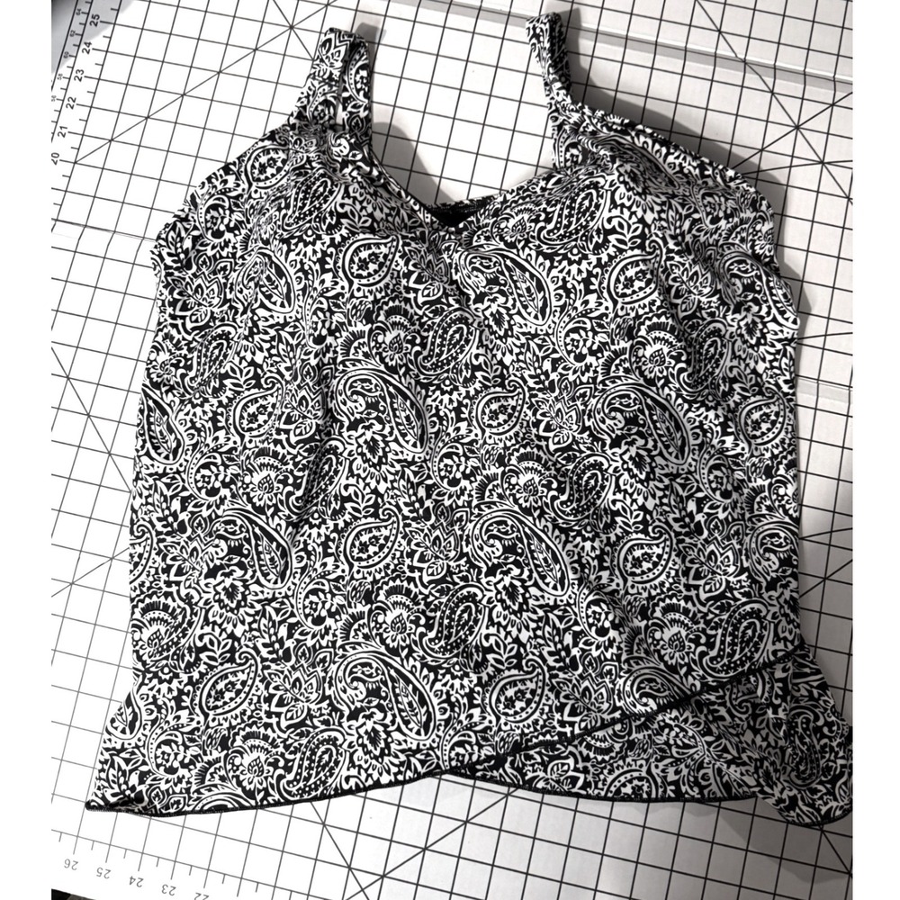 Lands End Womens Black White Paisley Tulip Hem Tankini Swim Top Plus Size